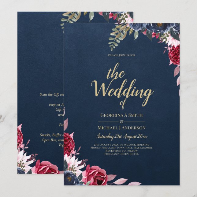 Convite Azul-marinho Fruta Floral Borgonha Inverno Outono (Frente/Verso)