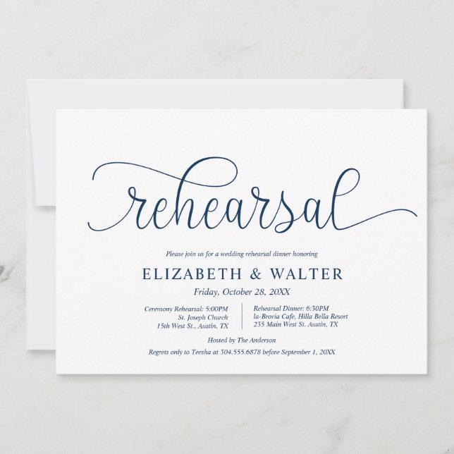 Convite Azul Marinho moderno, ensaio de casamento e Janto (Frente)