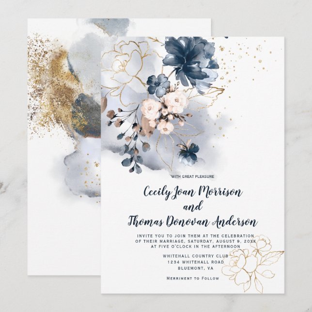 Convite Azul marinho, Pêssego e Floral de Dourada Aquarela (Frente/Verso)