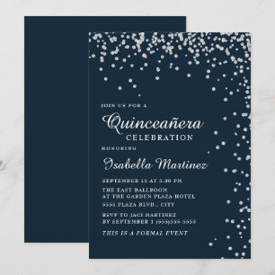 Convite Azul Marinho Prata Diamante Confete Quinceañera