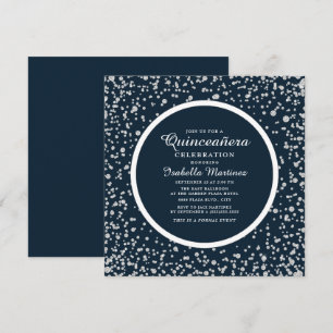 Convite Azul Marinho Prata Diamante Glitter Quinceañera