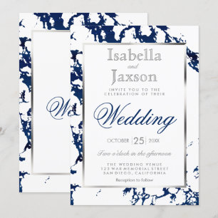Convite Azul Marinho, Prata e Branco
