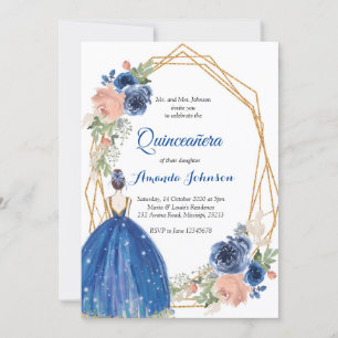 Convite Azul Marinho Princesa Quinceañera Espanhol 15 Aniv