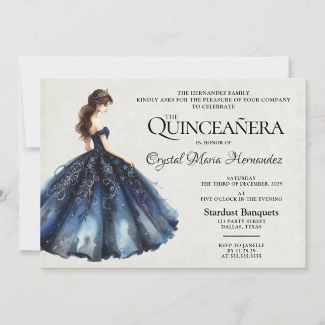 Convite Azul Marinho Quinceañera (Frente)