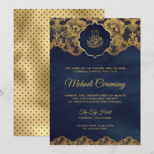 Convite Azul Marinho Renda Folheado a Ouro Islâmico Mehndi
