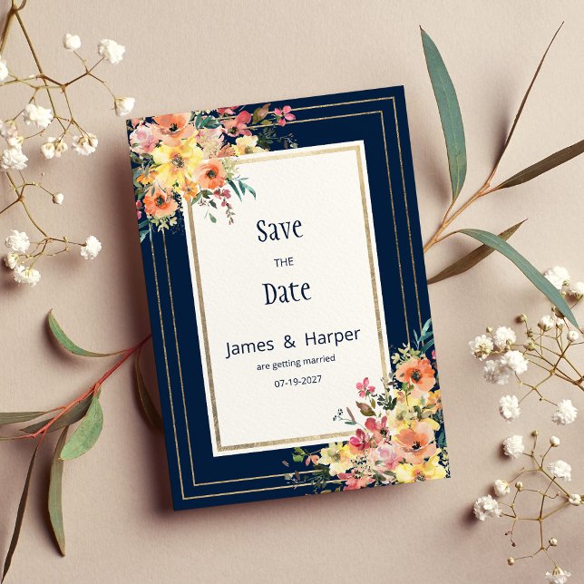 Convite Azul marinho rosa laranja dourado floral Save the  (Navy blue pink orange gold floral Save the Date)