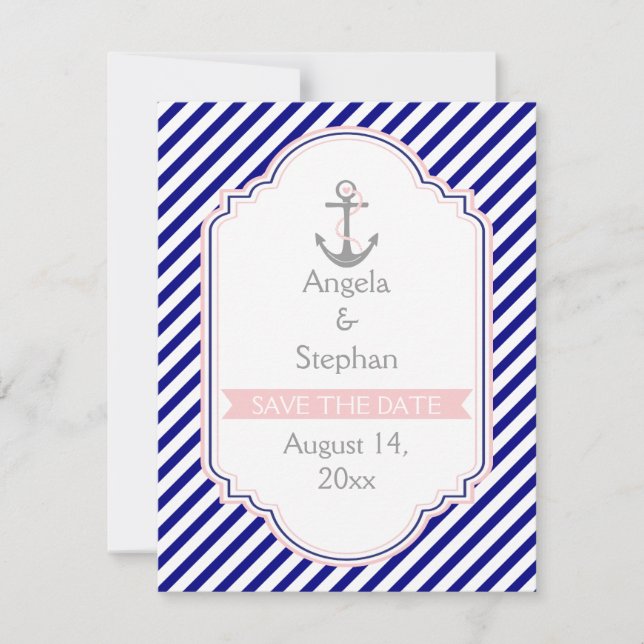 Convite Azul marinho, rosa náutico casamento Save the Date (Frente)