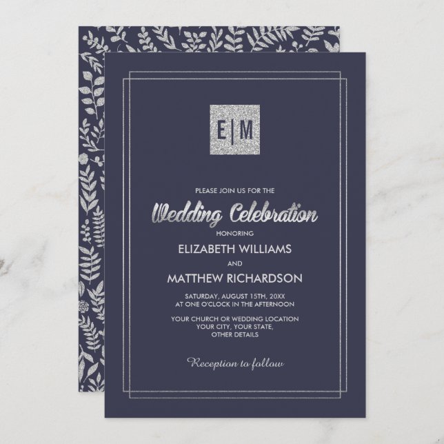 Convite Azul marinho | Silver Floral Wedding (Frente/Verso)