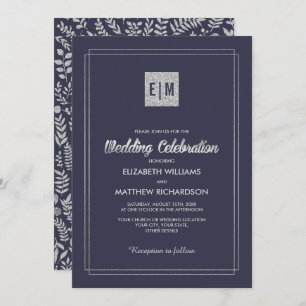 Convite Azul marinho   Silver Floral Wedding