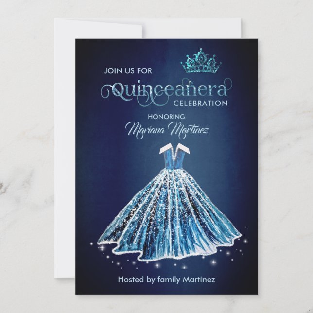 Convite Azul marinho Vestido de esboço manual por aquarela (Frente)