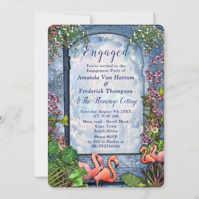 Convite Azul mármore e flamingos cor-de-rosa (Frente)