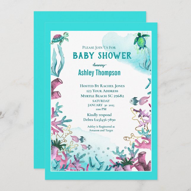 Convite Azul Moderno sob o Chá de fraldas do Mar (Frente/Verso)