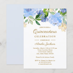 Convite Azul Naval Aquarela Floral Quinceanera
