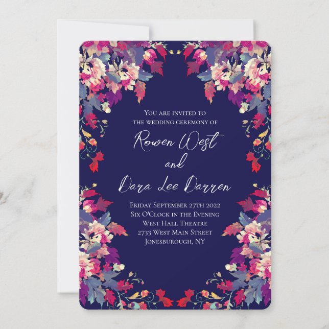 Convite Azul Naval Floral Vibrante (Frente)