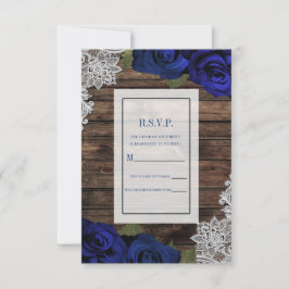 Convite Azul Naval Rosas Florais Renda Rústica de Madeira
