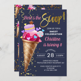 Convite Azul Nave Nave de Aniversário, Sorvete Rosa Doce