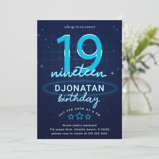 Convite Azul Néon 19º Vamos de Festa de aniversário Maluco (Em pé/Frente)