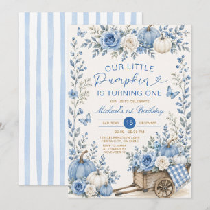 Convite Azul O nosso pequeno abóbora 1º aniversário Floral