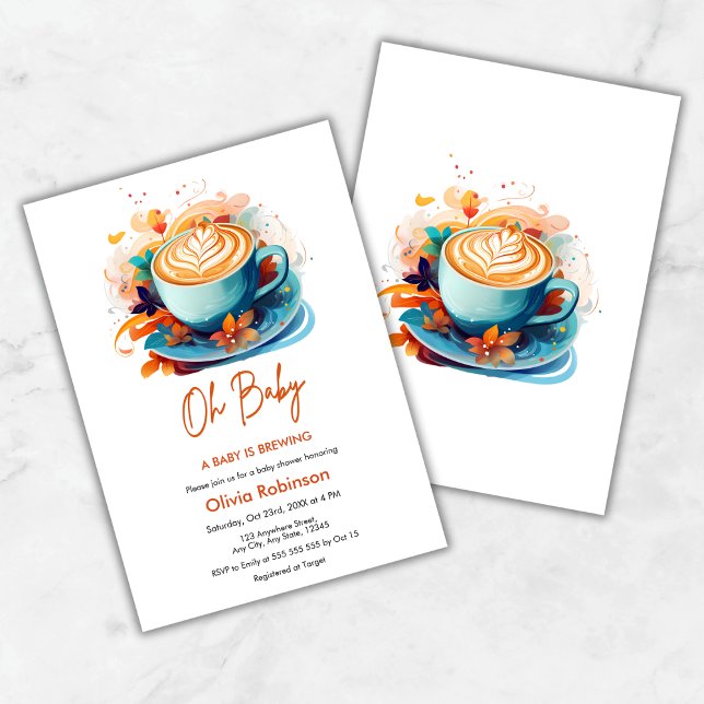 Convite Azul Oh Bebê Um Bebê Está Fazendo Chá de fraldas D (Blue Oh Baby A Baby is Brewing Coffee Baby Shower Invitation )