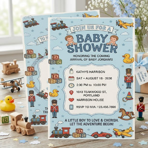 Convite Azul para Chá de Bebê com Brinquedos Antig