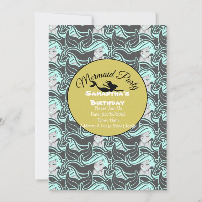 Convite Azul para Festa da Sereia Dourada (Frente)