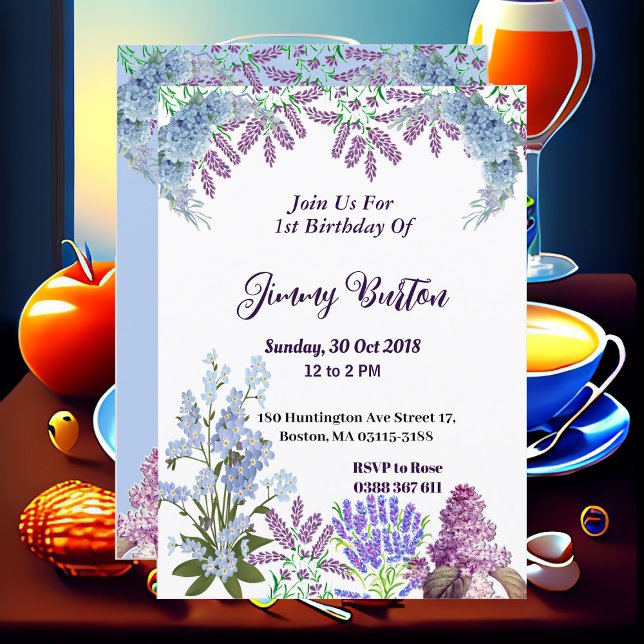 Convite Azul pasta Hydrangea Púrpura Lilac Aniversário (Soft Pastel Blue Hydrangea Purple Lilac Birthday Invitation)