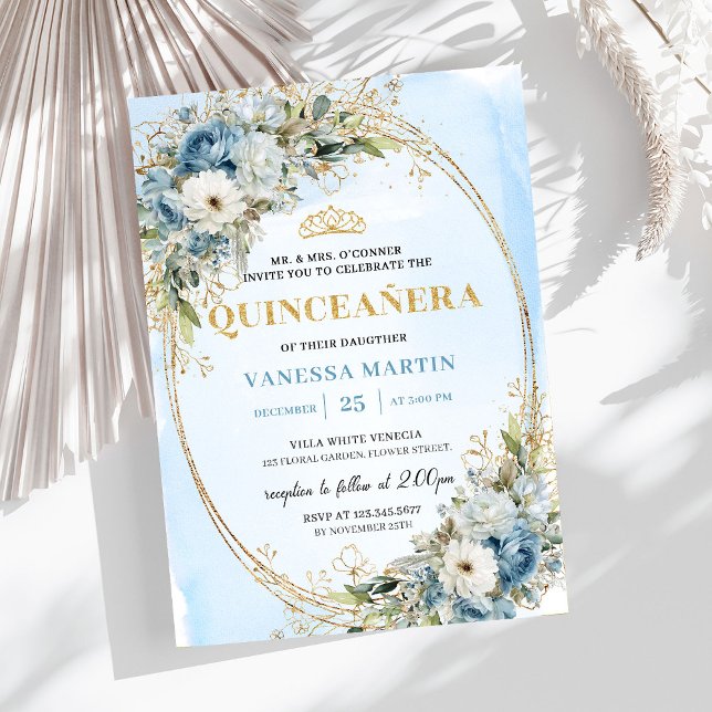 Convite Azul Pastel Dourado Eucalipto Quince (Chic Pastel Blue Gold Eucalyptus Quince Invitation)