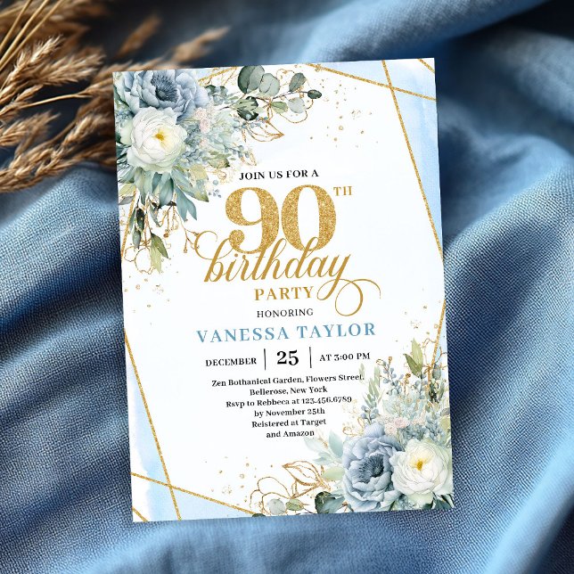 Convite Azul pastel dourado verde luxuoso script 90 anos (Pastel blue gold greenery luxe script 90th birthday invite)