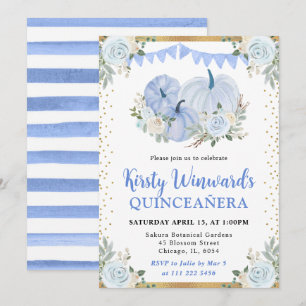 Convite Azul Pastel Floral Abóbora Outono Quinceañera