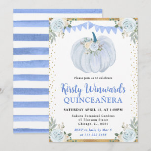 Convite Azul Pastel Floral Abóbora Outono Quinceañera