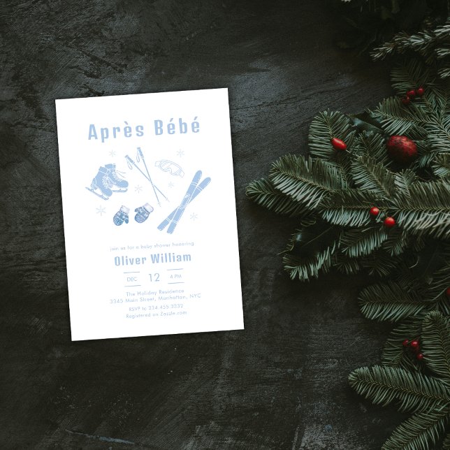 Convite Azul Pastel Inverno Après Bébé Ski Festa do Bebê   (Pastel Blue Winter Après Bébé Ski Baby Shower Invitation)