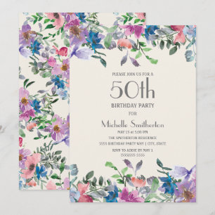Convite Azul Pastel Roxo Floral Aniversário de 50 anos Fem
