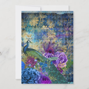 Convite Azul Pavão Casamento Dourado Abstrato