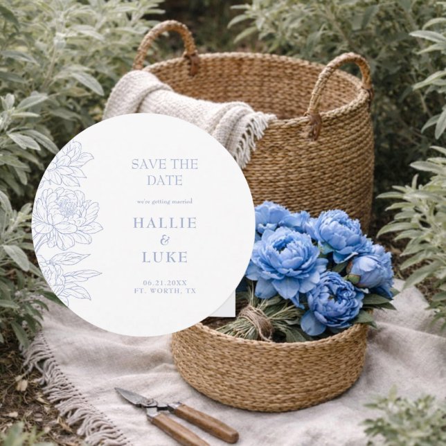 Convite Azul Periwinkle Peony Casamento Redondo Salve a Da (Criador carregado)