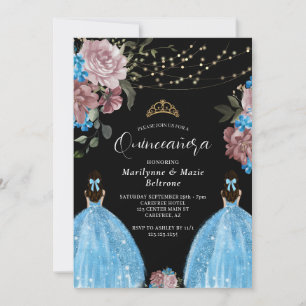 Convite Azul Periwinkle Princesa Floral Gêmeos Quinceañera