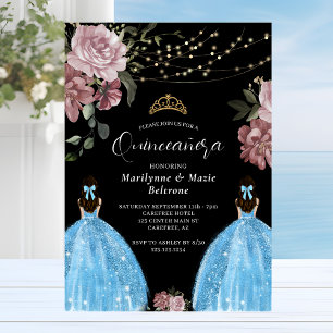 Convite Azul Periwinkle Princesa Floral Gêmeos Quinceañera