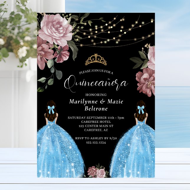 Convite Azul Periwinkle Princesa Floral Gêmeos Quinceañera (Criador carregado)