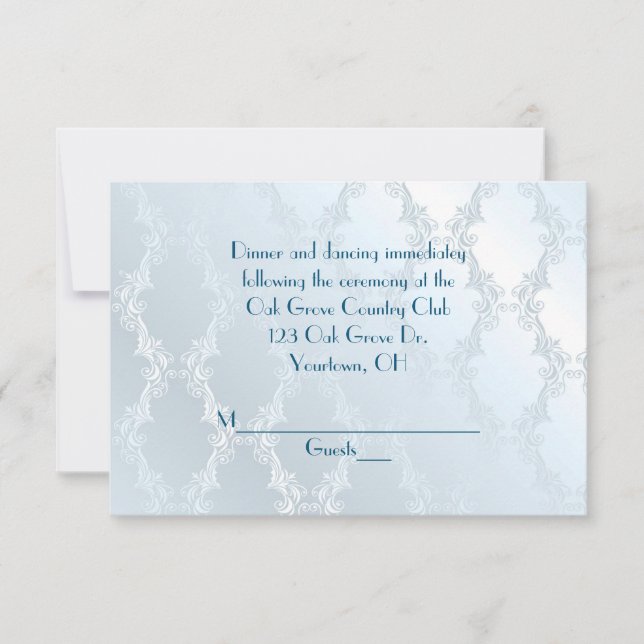 Convite Azul Pérola Damask RSVP (Frente)