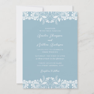 Convite Azul Pó Branco Renda Casamento Vintage