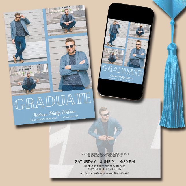 Convite Azul Pó para Festa de formatura de Fotografias Mod (Powder blue modern 4 photo graduation party invitations - PRINTED and/or INSTANT DOWNLOAD)