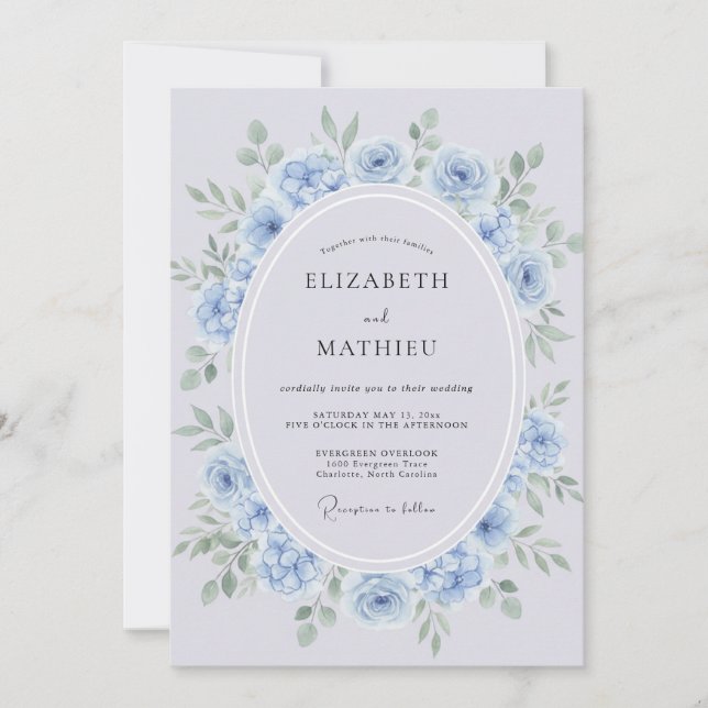 Convite Azul Pó Ramo Floral Casamento (Frente)