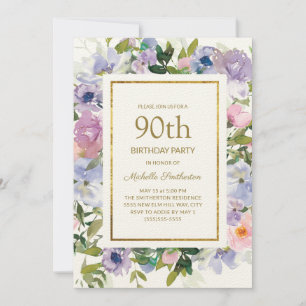 Convite Azul Pó Rosa Floral Dourado Aniversário de 90 anos