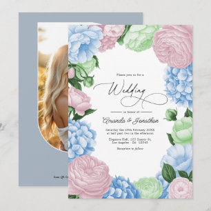 Convite Azul Pó, Rosa Rosado/Sage Leve Floral Casamento