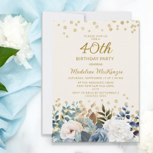 Convite Azul Poeirento Branco Floral Dourado 40º Aniversár