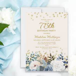 Convite Azul Poeirento Branco Floral Dourado 75º Aniversár