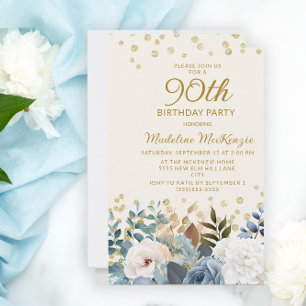 Convite Azul Poeirento Branco Floral Dourado 90º Aniversár