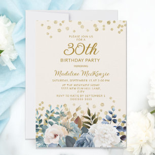 Convite Azul Poeirento Branco Floral Dourado Aniversário d