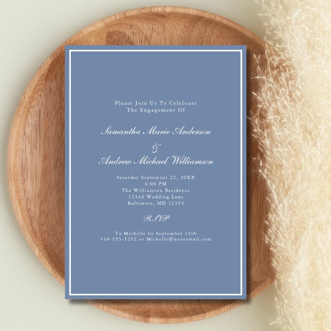 Convite Azul Poeirento Branco Formal Elegante Casamento No (Dusty Blue White Elegant Formal Wedding Engagement party invitation)