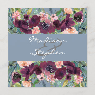 Convite Azul Poeirento   Casamento Aquarela Burgundy