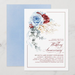 Convite Azul Poeirento e Floral Vermelho de Aniversário de